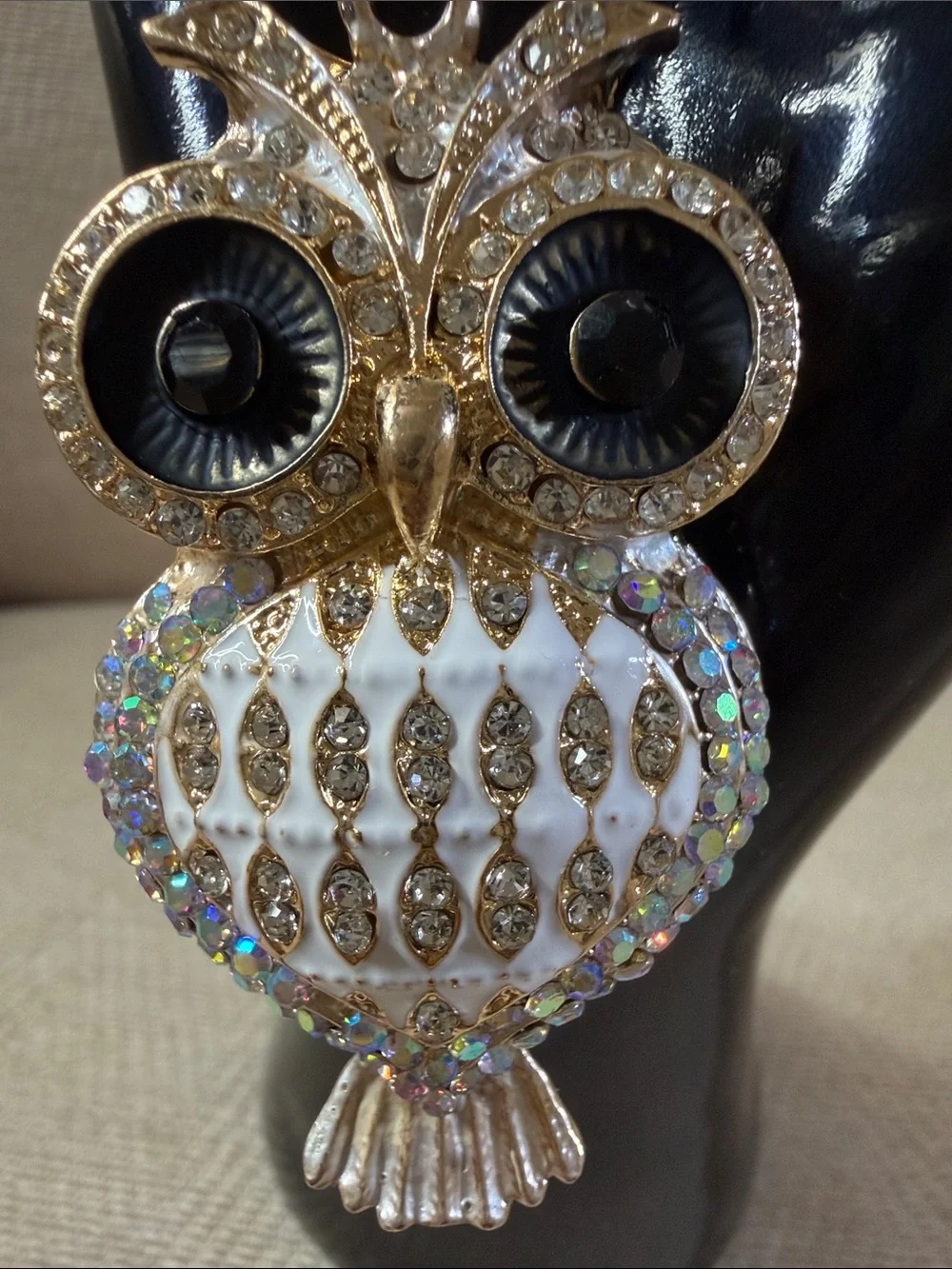 Gold-Tone Owl Keychain Bag Charm in White and Gold
